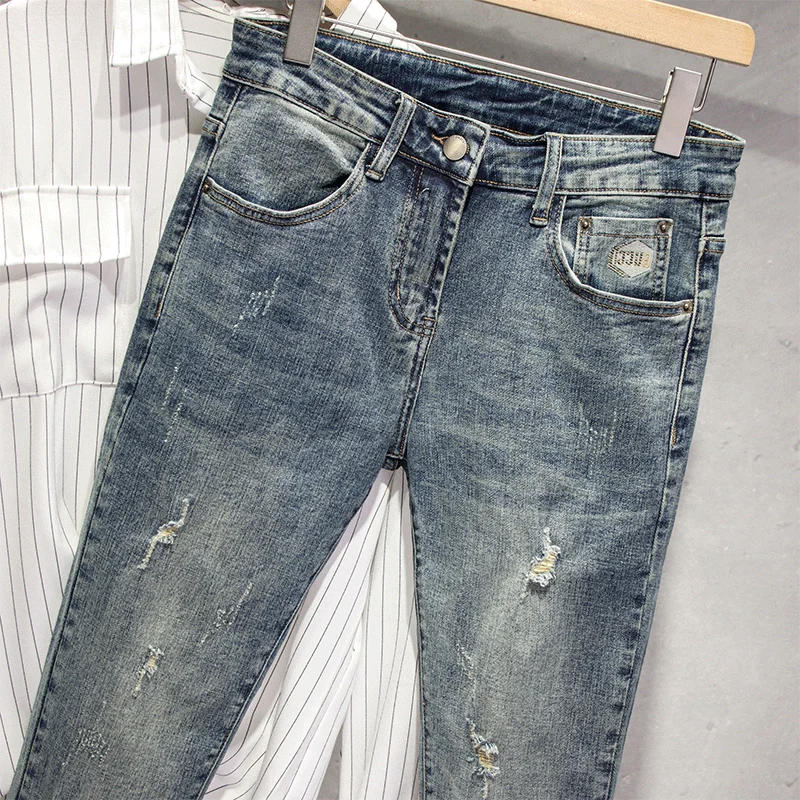 

Men's Slim Fit Nine-Tenths Jeans Korean Sle Faionable Waed Hole Trendy Brand Summer New Elastic Ankle-Length