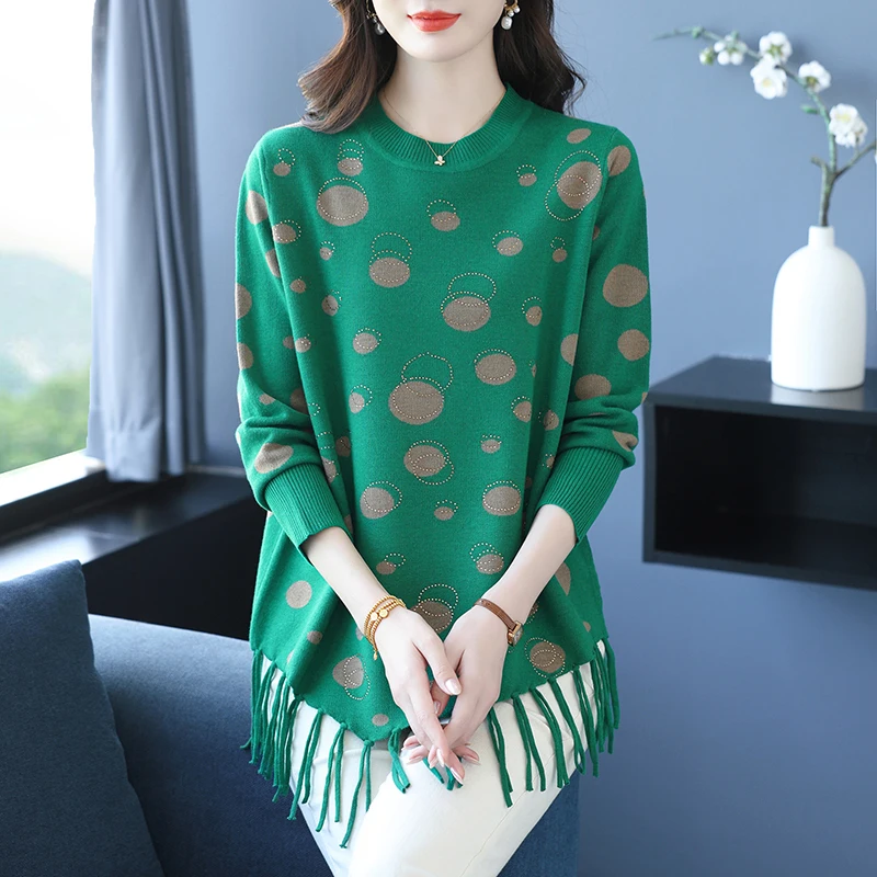 

Dot Print Sweater Woman Autumn Winter Pullover Femme Womens Clothing Long Sleeve Top Casual Knitwear Tassel Sweaters