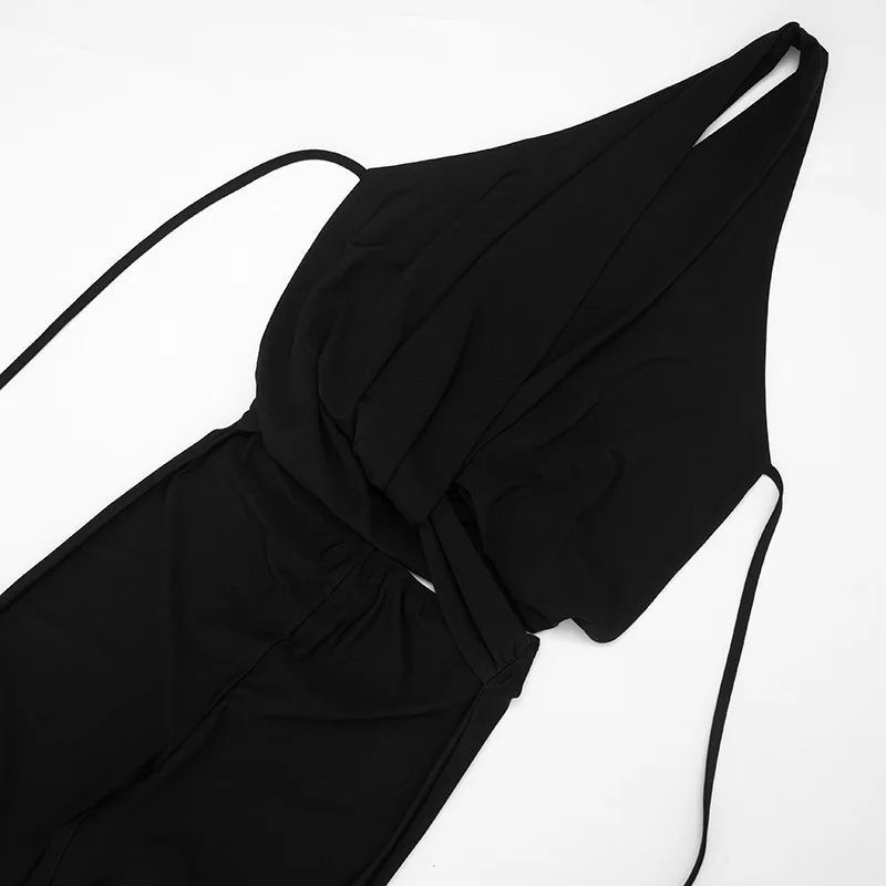 Damen Neckholder-Cowl-Jumpsuit mit tiefem V-Ausschnitt, rückenfrei, mit Schnürung, aus Polyester-Satin, figurbetonter Jumpsuit, ärmellos, Club-Party-Outfit – Detail 10