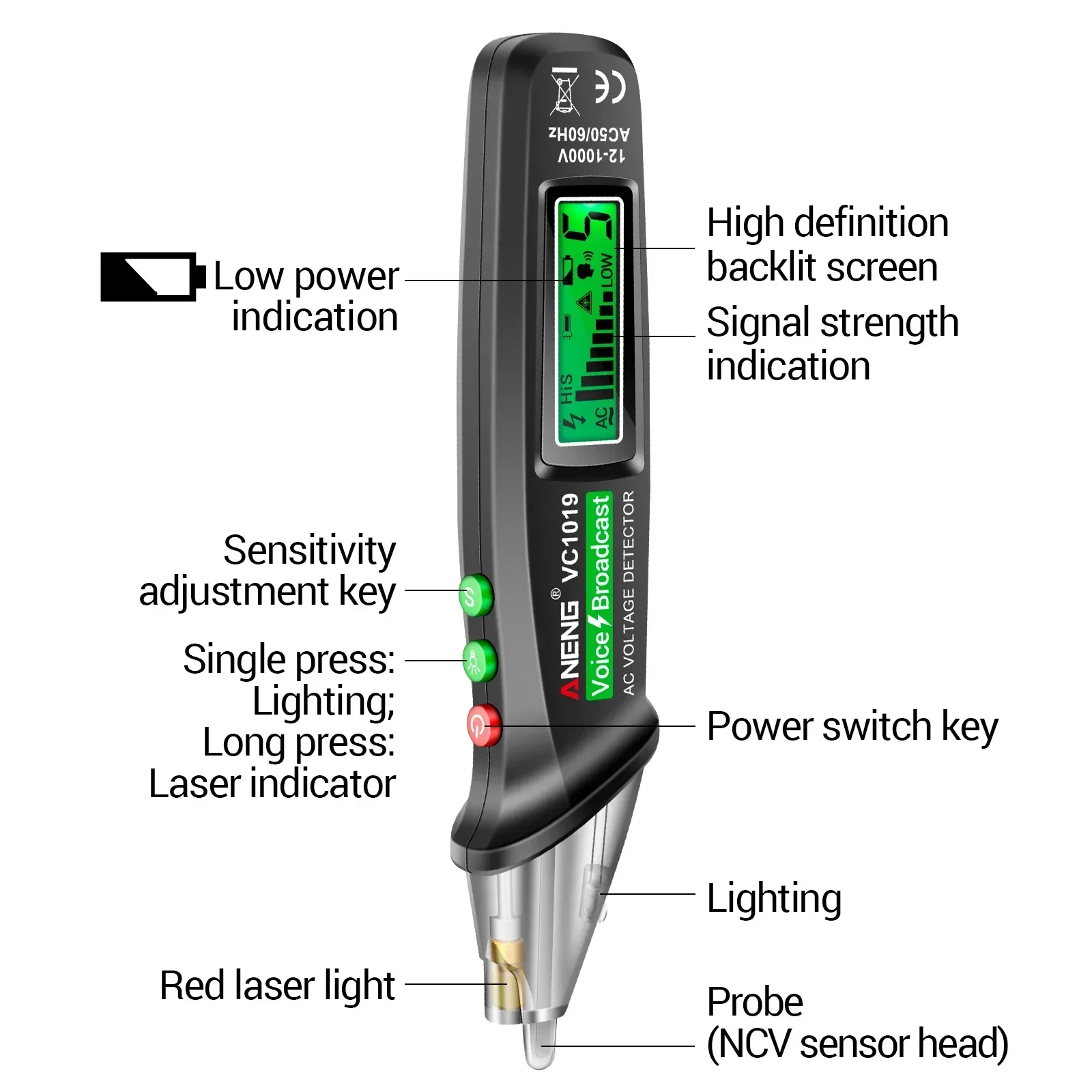 ANENG VC1019 LCD Digital Test Pen Non-contact Voice Broadcast Tester Pen Sensitivity Adjustable with Laser Indicator Sound Tools