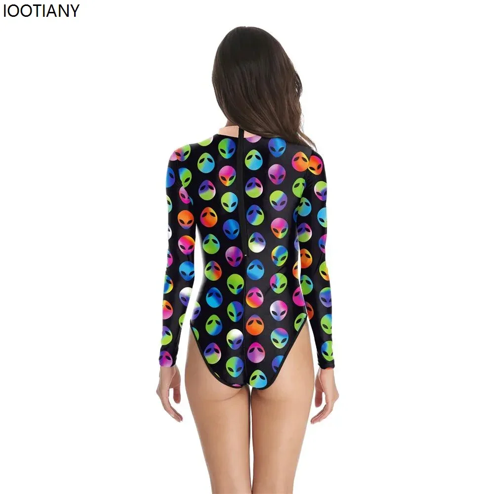 Cosplay Alien Head Pattern 3D Printed Women Swimsuit Summer Casual Long Sleeve Beachwear Bathing Suit Sexy Rave Tight Swimwears