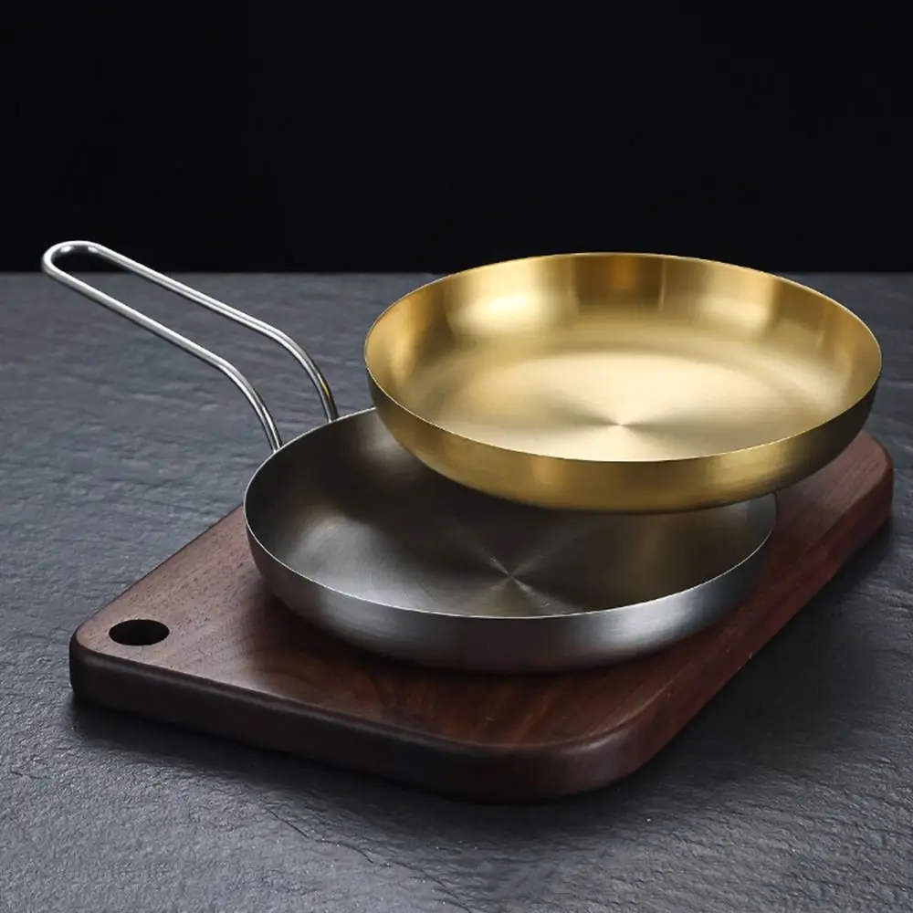 Easy To Clean 18/20cm Stainless Steel Frying Pan Flat Bottom Golden/Sliver Serving Plate Round Handled Snack Dish Barbecue