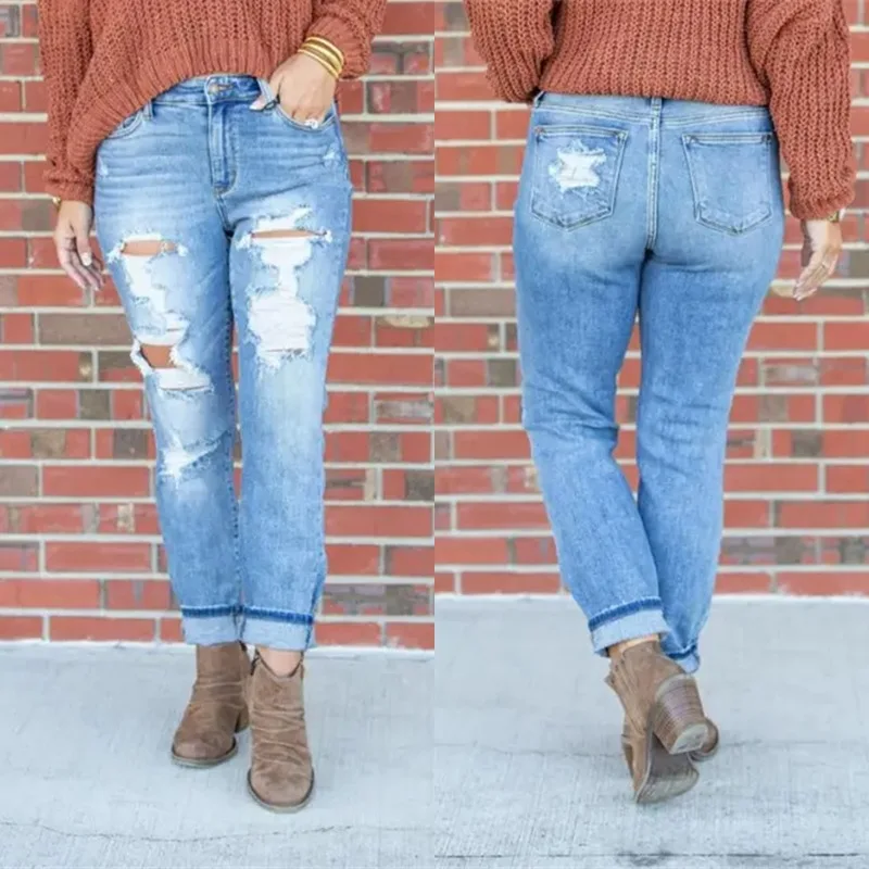 2026 New Fashionable Washed Ripped Nine-inch Jeans, Women's Spring and Summer Personality Street Mid-waisted Small-leg Jeans