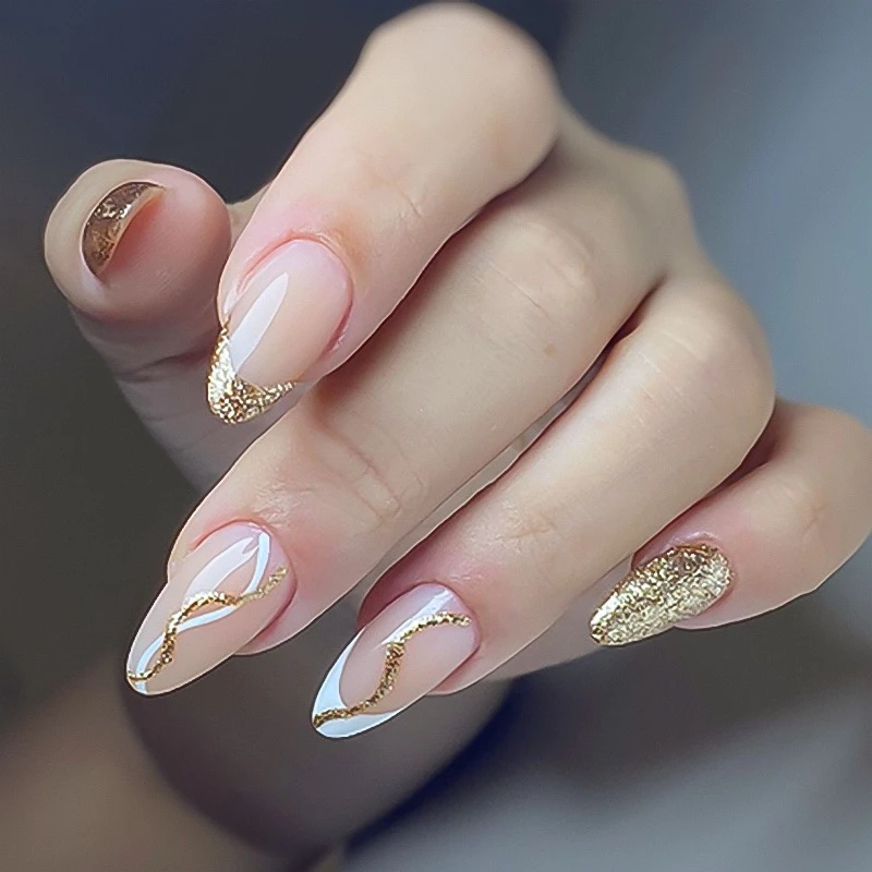 

Fashion Gold Glitter Powder White Lines French Nail Art Almond Fake Nail Detachable Finished False Nail Press on Nails with Glue