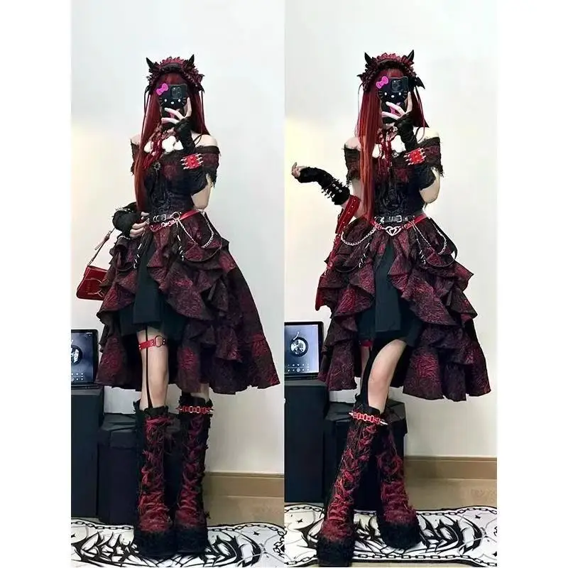 

Dark Black Lolita Women's Off Shoulder Printing Dress Carnival Event Cosplay Costume Girls Halloween Street Stage Show Suits