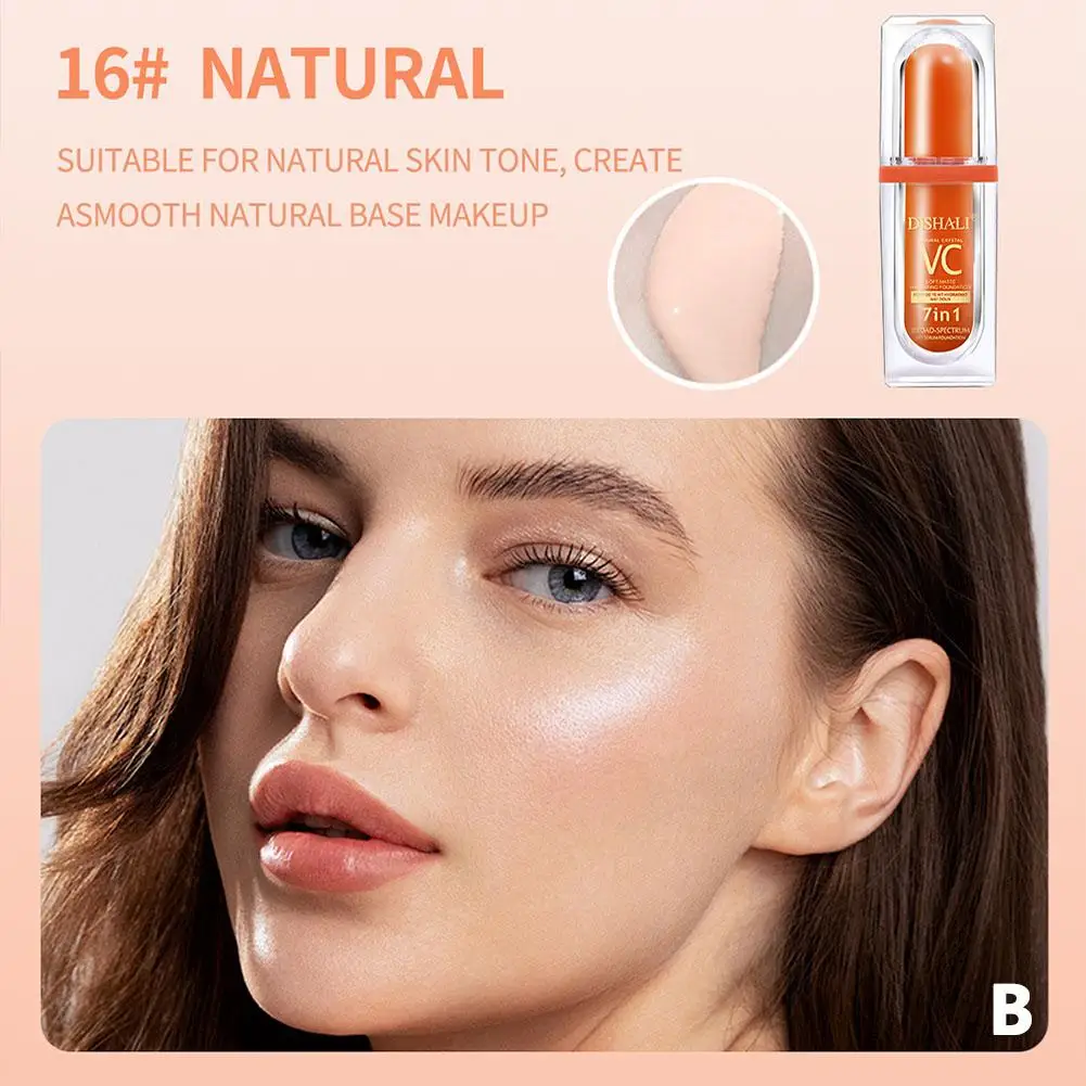 30ml VC 7In1 Foundation Natural Matte Poreless Liquid  Foundation Makeup Oil-Free Moisturizing Long Lasting Waterproof Concealer