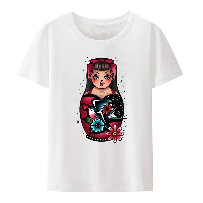 Women Matryoshka Doll Print T Shirt Unique Russian Culture Modal Tees Creative Summer Short Sleev Street Fashion Hipster Tops