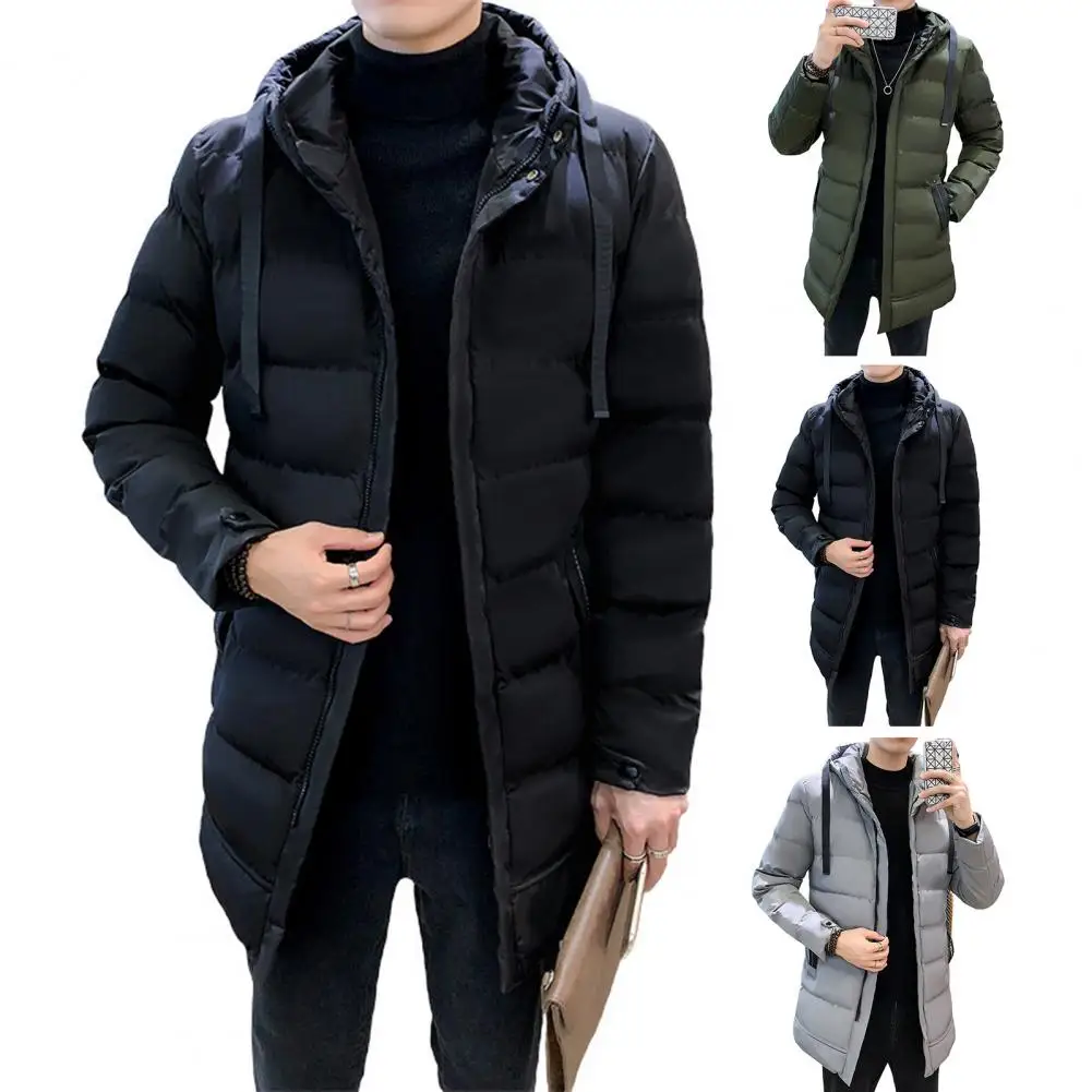 معطف شتوي بغطاء للرأس سميك بلون سادة مبطن سترة تحافظ على الدفء ميدي طول زمم معطف شتوي كبير الحجم للرجال للاستخدام اليومي