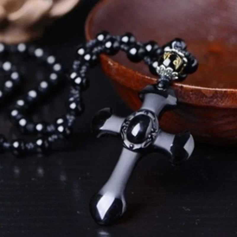 Classic Black Cross Pendant Necklace Men Women Hand-Woven Bead Chain Talisman Pendulum Necklace