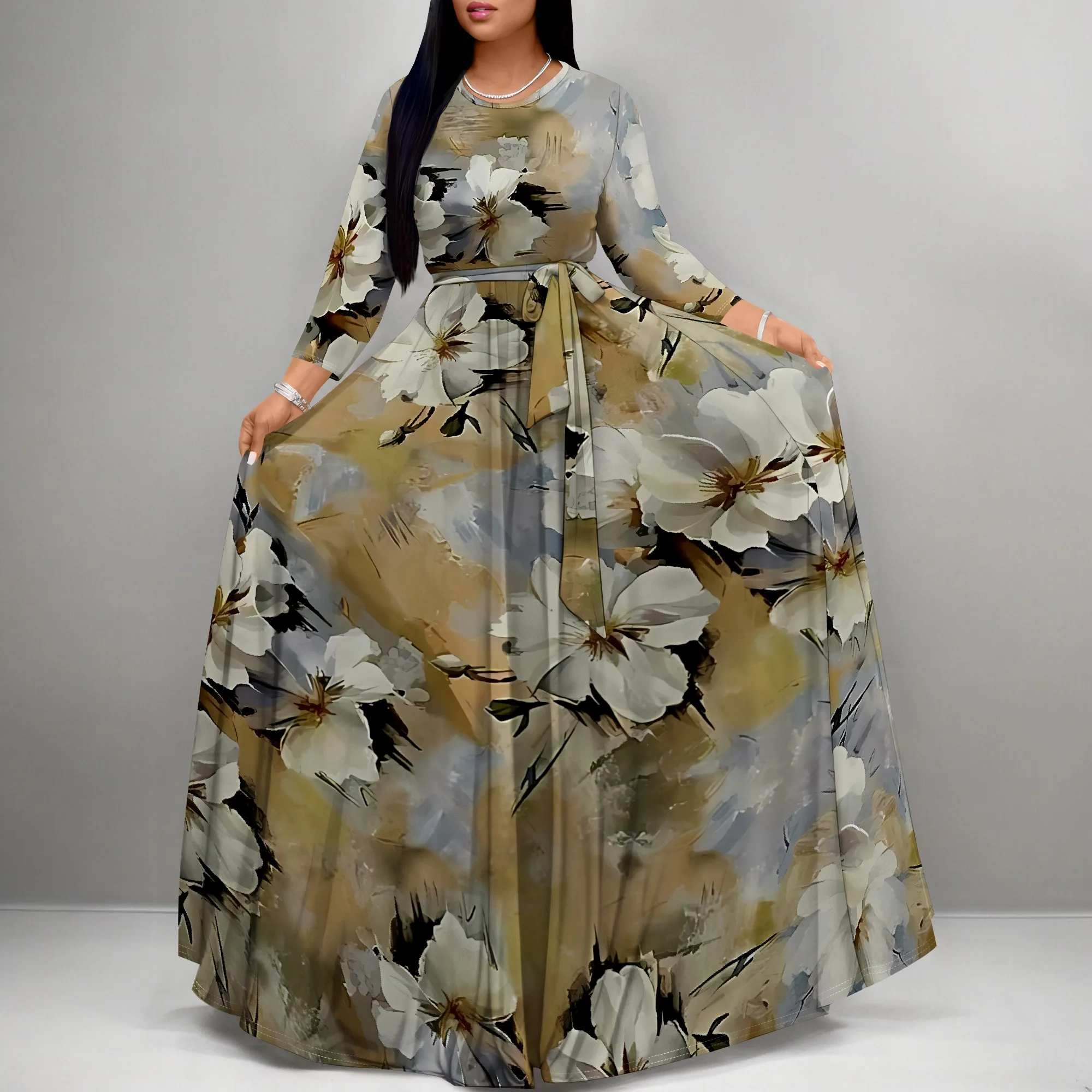 

Nupusa Beige Brown Floral Print Dress for Women Regular Size Casual Round Neck 3/4 Sleeve Belted Maxi Dress