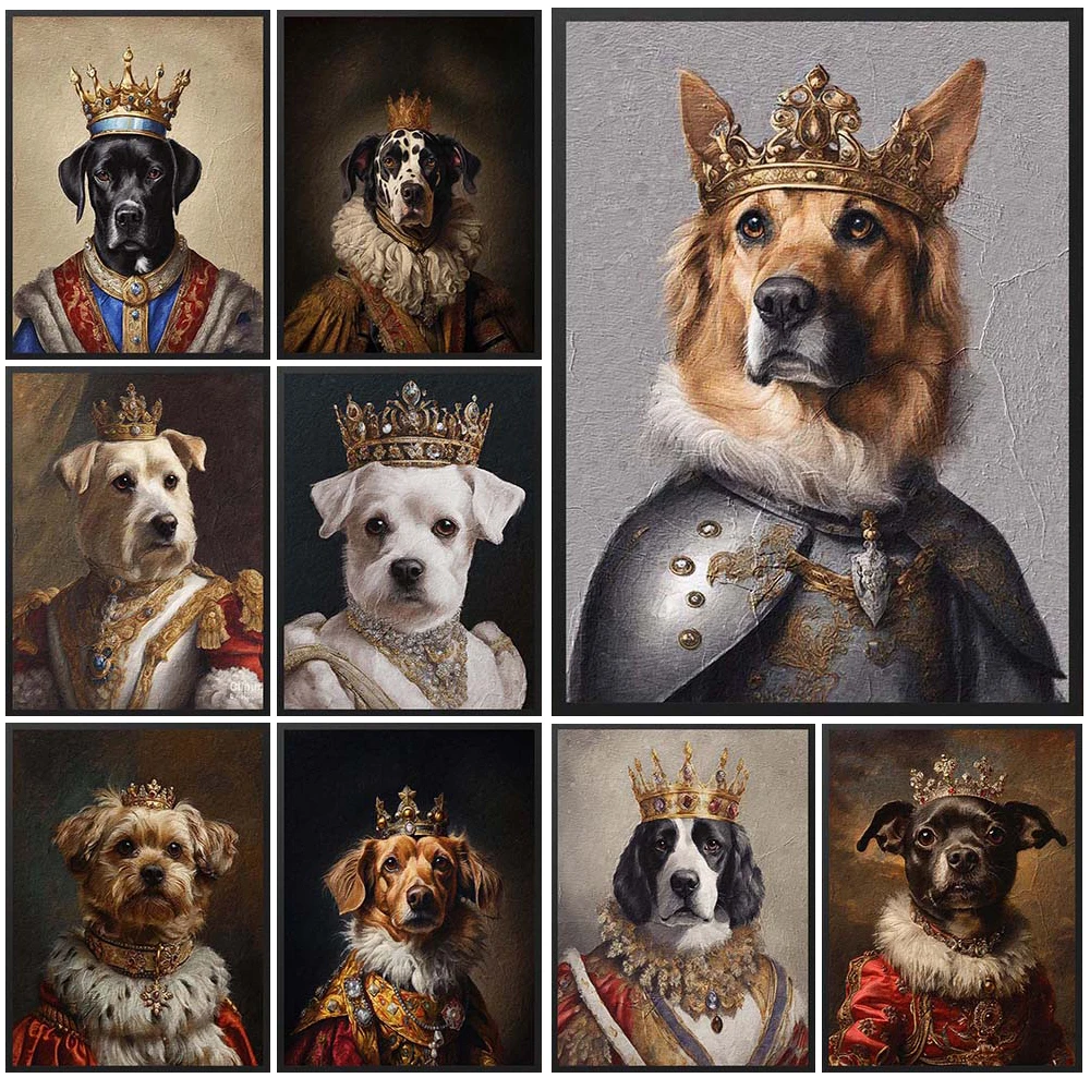 

Custom Dog King Vintage Royal Portrait Wall Pictures For Living Room Poster Wall Art Canvas Painting Home Decor Unframed