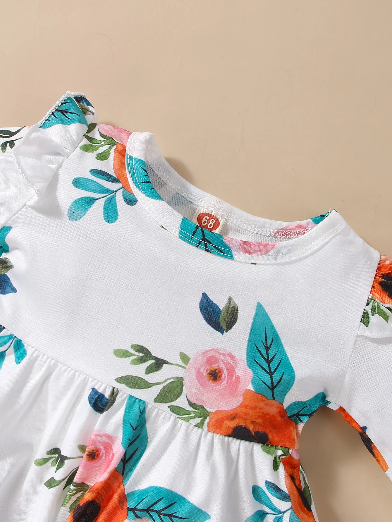Spring And Autumn Girls Set Round Neck Long Sleeve Flower Pattern Fluffy Top Broken Hole Long Pants Infant Toddler