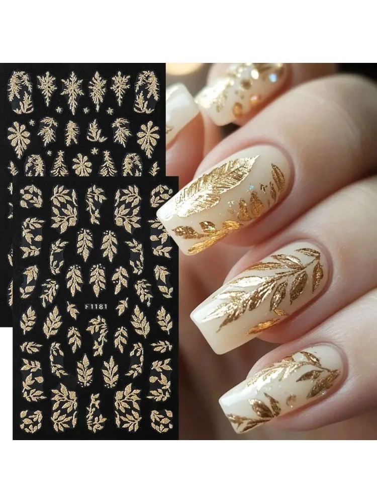 2 Stück Goldene Glitzer-Blatt-Nagelaufkleber Glänzende Weihnachtsbäume Schneeflocken-Sliders Japanischer Winter Y2K Blätter Maniküre-Dekoration