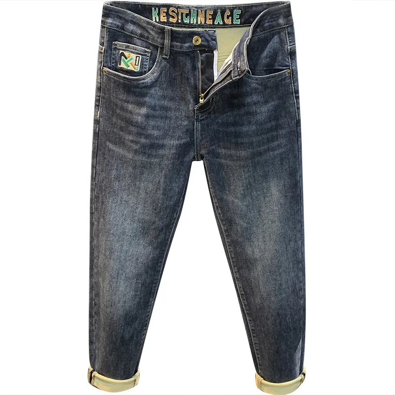 2024 Herbst-und Winter jeans Herren modische bestickte, sich verjüngende Harems hose Twill Denim Casual Stretch dicke Hose