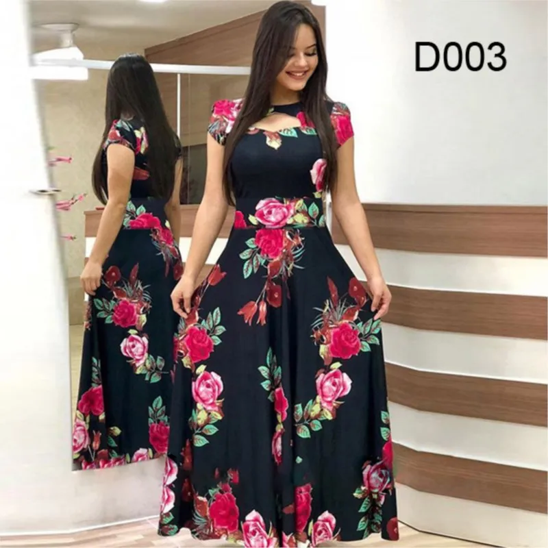 Elegant Spring Women\'s Dress Casual Fashion Floral Print Short Sleeve Super Long Dress 2023 New Fashion Hollow Out Long Dresses