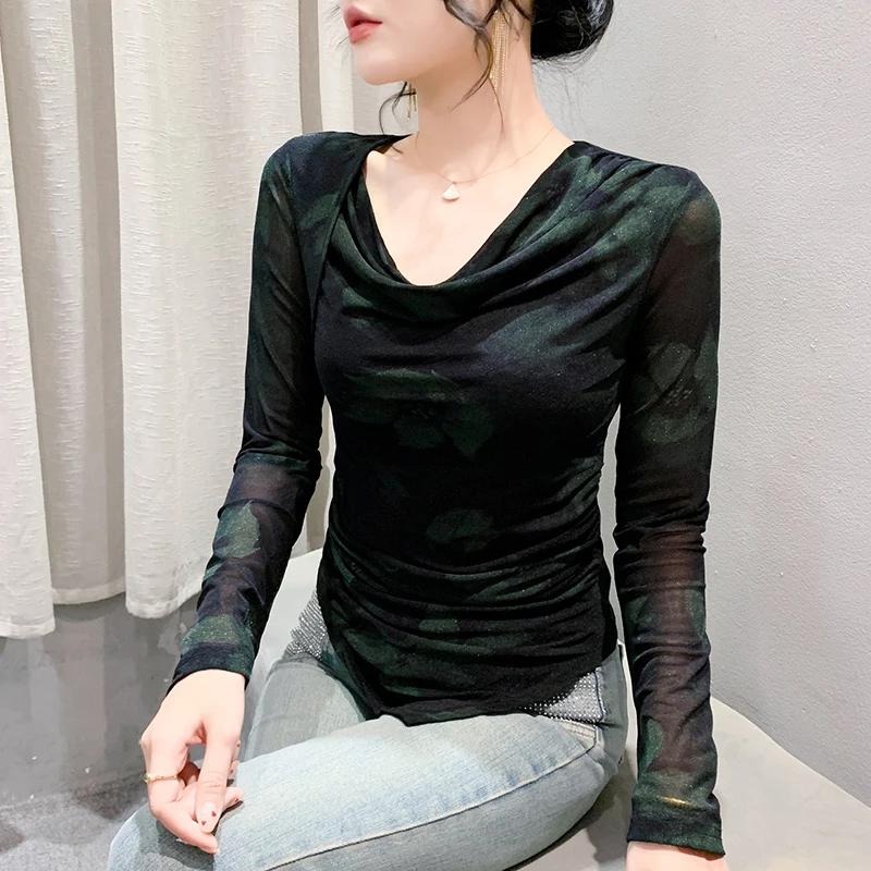 MadBlack-Women's European T-Shirt, Sexy Pile Collar Printed Tops, Streetwear Long Sleeve Slim Mesh Tee, Autumn Winter T4N411CC