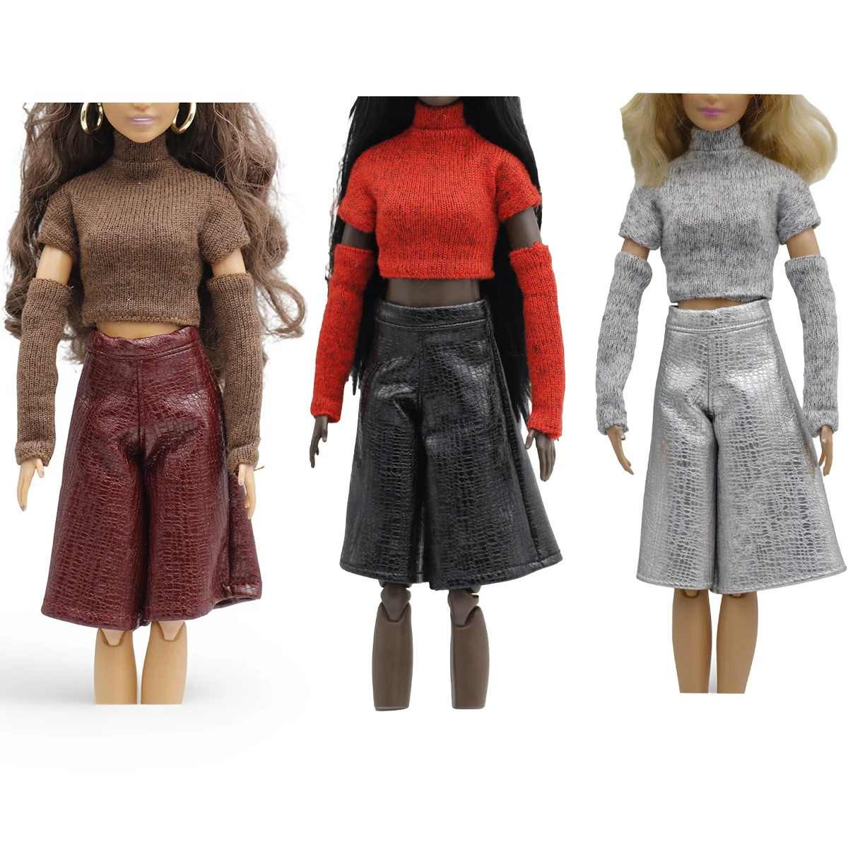 29cm Fashion Doll Clothes for Barbie Doll Knitted Turtleneck Crop Top with Arm Sleeves PU Leather Shorts Skirt Outfits