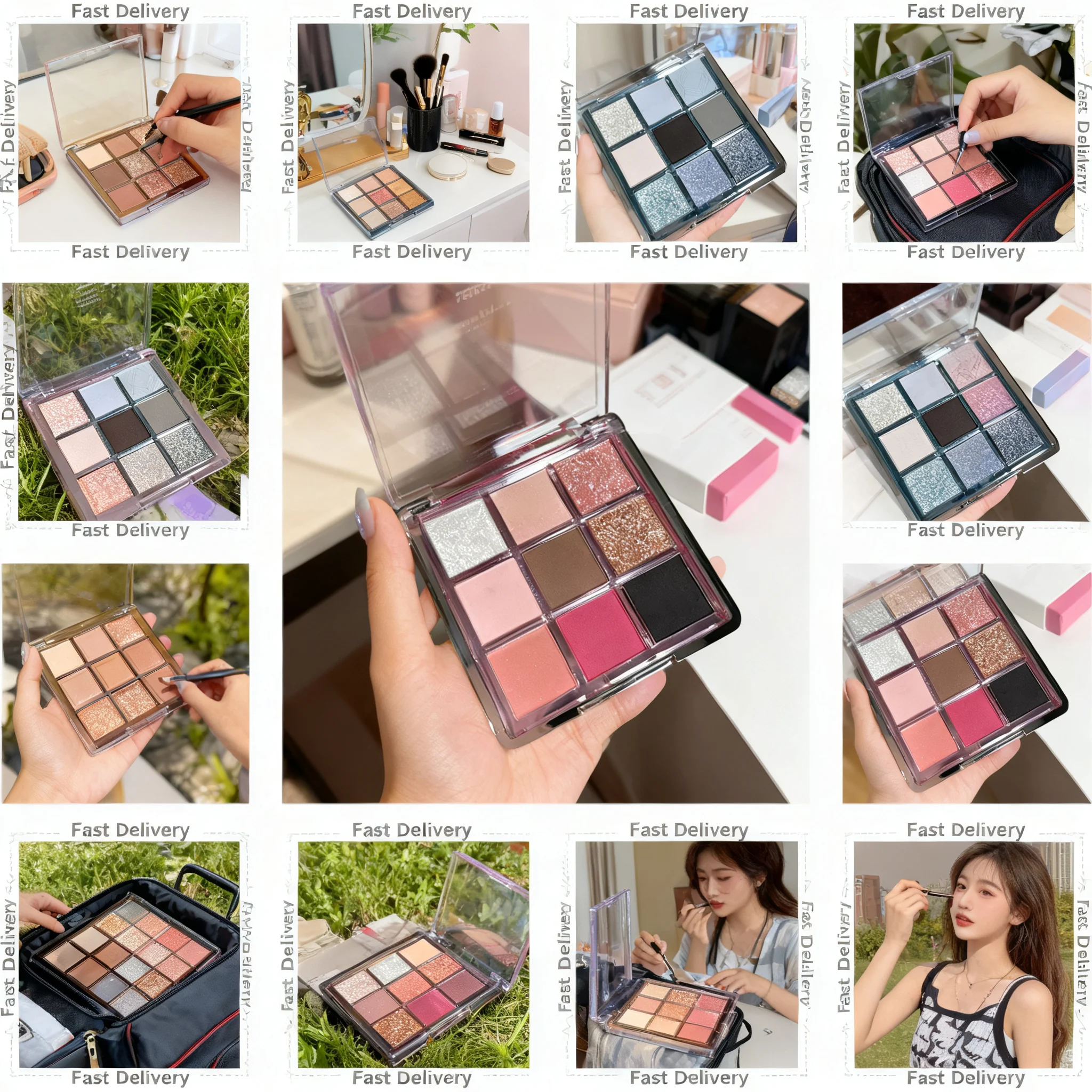 8 Styles 9-Color Glitter Eyeshadow Palette - Long-Lasting Rose and Pink Shades, Metallic Finish, Matte and Shimmer Eye Pigment M