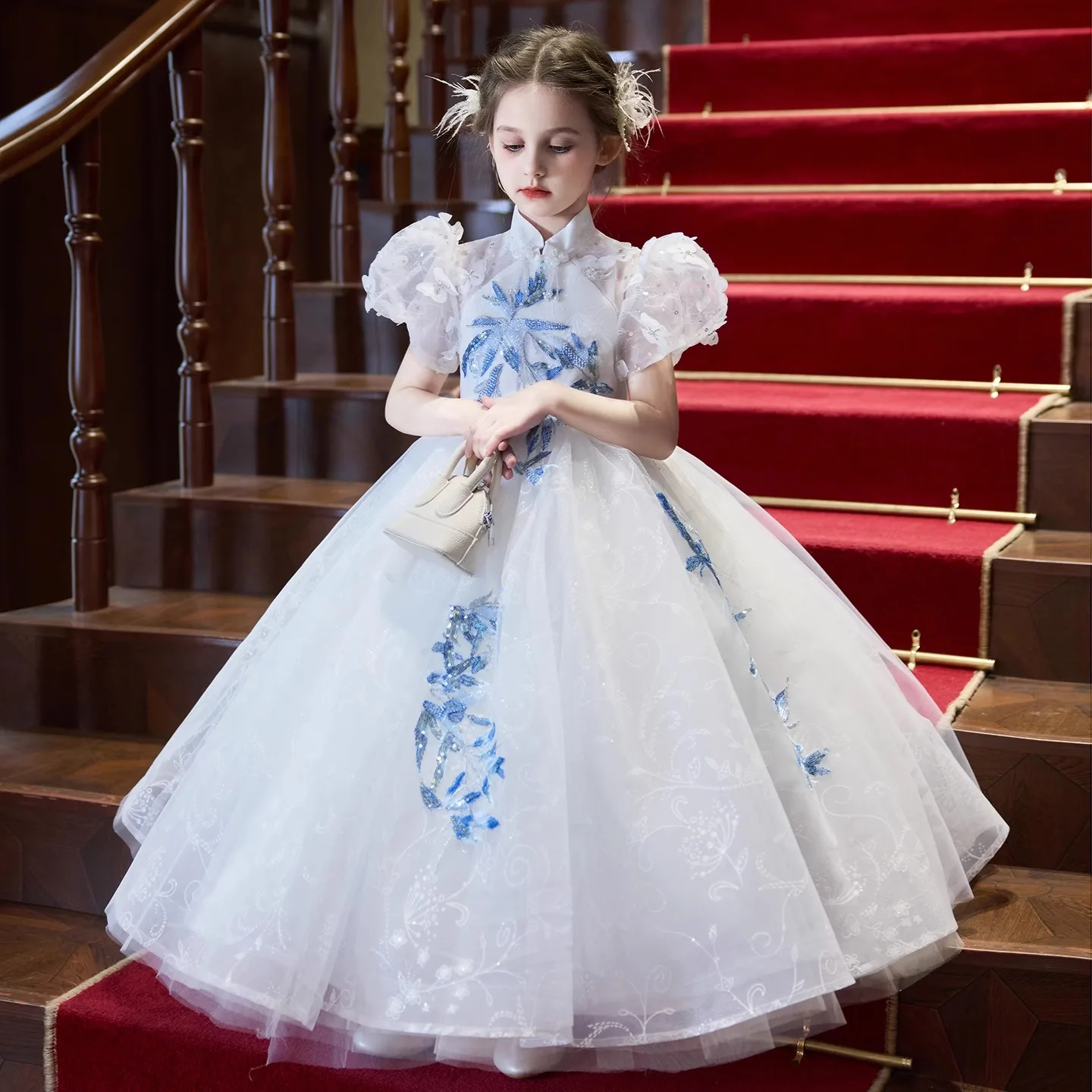

Girl Princess Dresses White Flower Girls Wedding Party Dress Sequin Skirt Turtleneck Gowns Long Beauty Contest Gown Customized