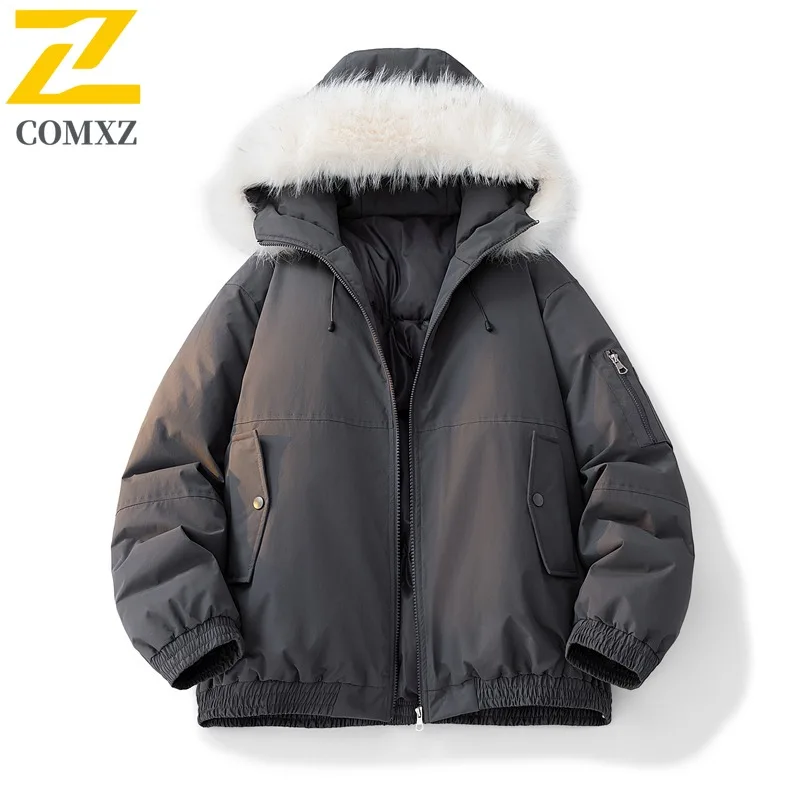 COMXZ وسيم مبطن سترة يندبروف في الهواء الطلق مقنعين الفراء طوق التخييم الكلاسيكية وسادة مبطنة بلون الرجال الخبز الستر
