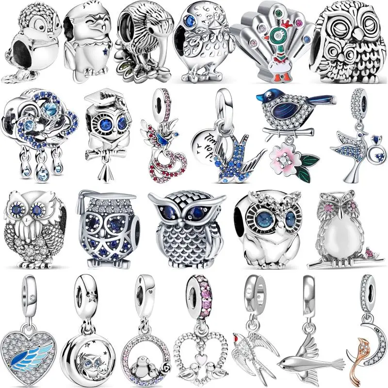 

925 Sterling Silver Cartoon Bird Parrot Owl Swallow Feathers Cute Pendant DIY Beads Fit Original Pantaro Charms Bracelet Jewelry