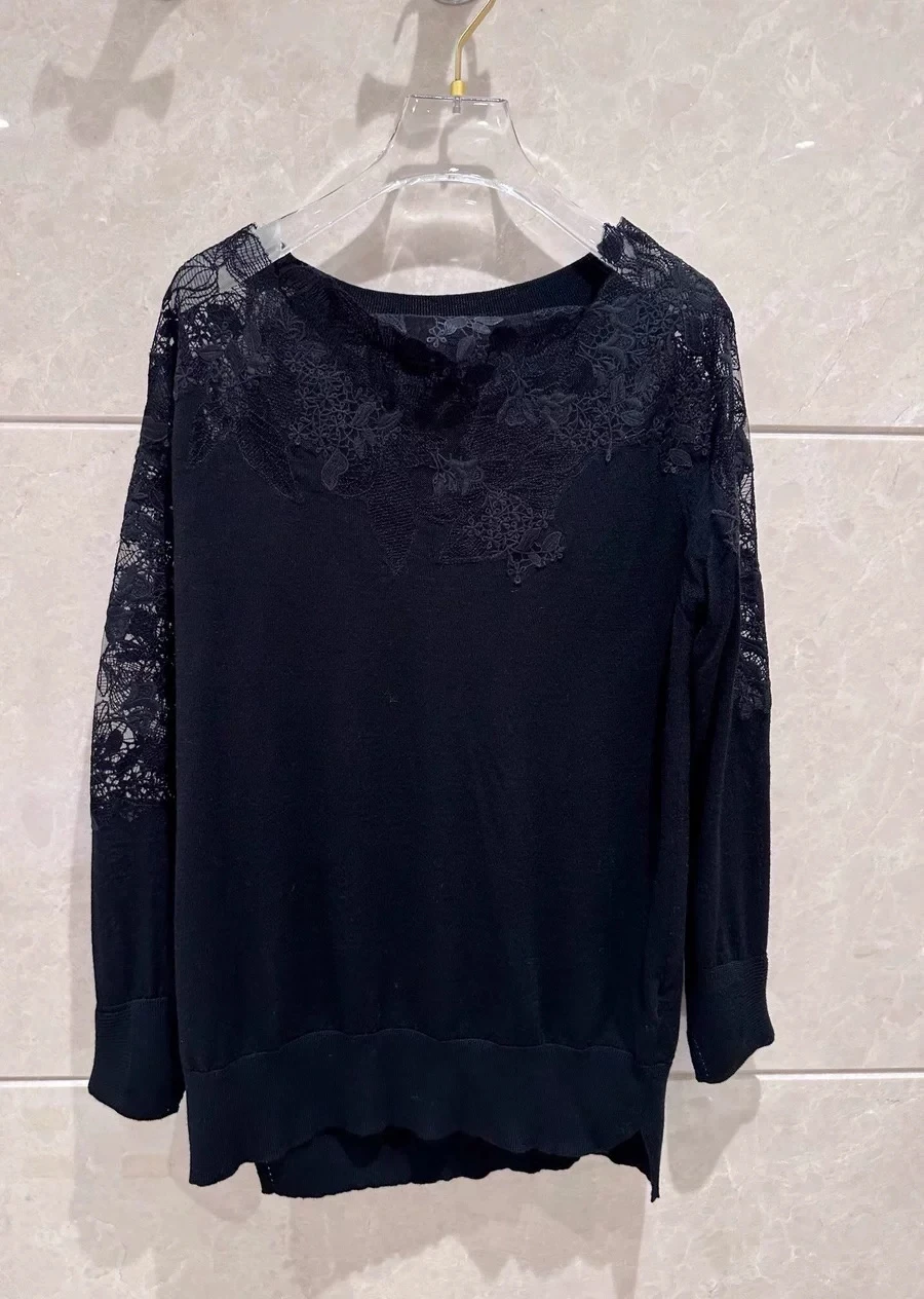 Black White 100% Wool Sweater For Women Embroidery Lace Hollow Out Off Shoulder Long Sleeve Elegant Fall Winter Casual Knitwears