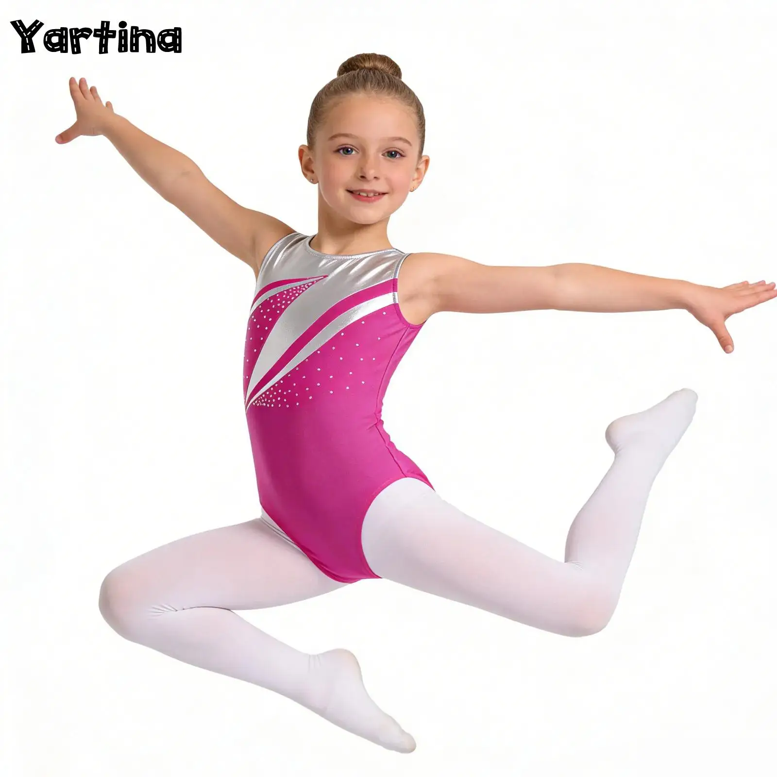 

Детские блестящие гимнастические купальники для девочек с камнями, костюмы для балета и танцев, одежда для выступлений по фигурному катанию из бронзирующей ткани, танцевальная одежда
