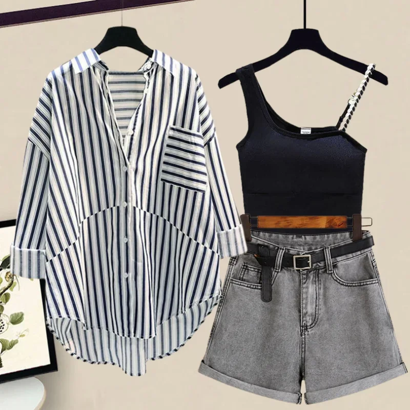 

Spring/Summer Set Women's New Style Striped Sunscreen Shirt Versatile Slim Denim Shorts with Suspenders Three Piece Set