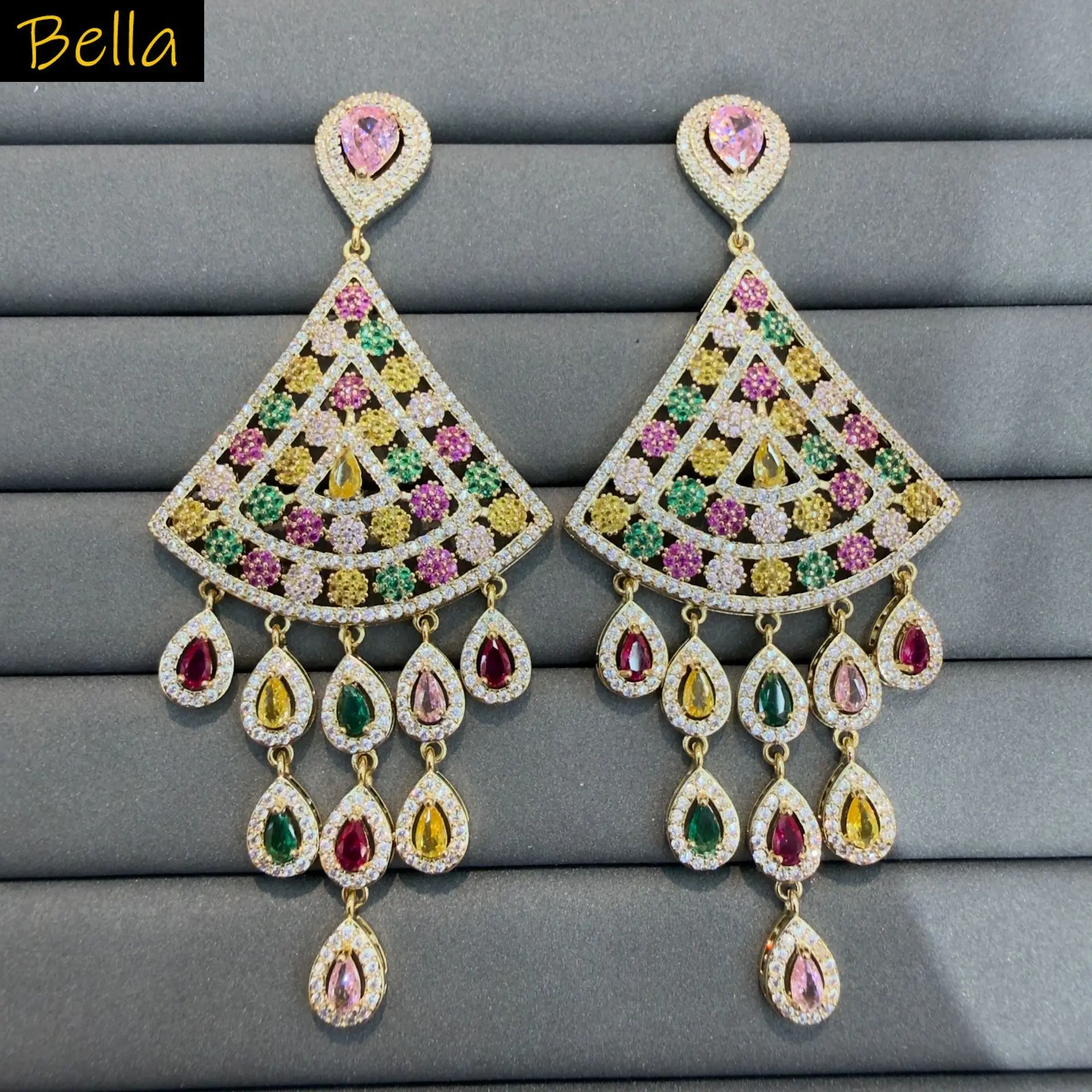 

Luxurious Full Paved Cubic Zirconia Multi Color Fan Tassel Statement Earrings for women shiny Jewelry for Wedding Banquet Party