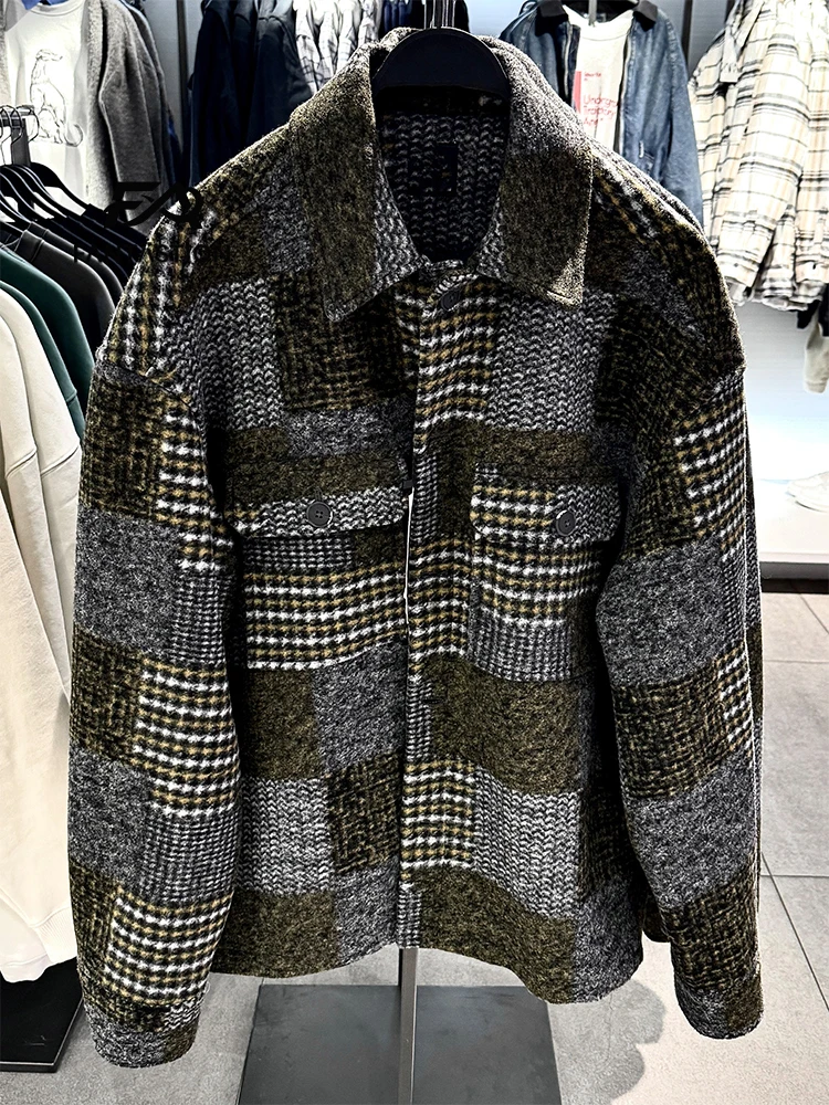 FANTASTION Flannel Patchwork turn down Multi-pocket jackets casual chic Unisex Long Sleeve Shirt Coat jackets Men's clothing