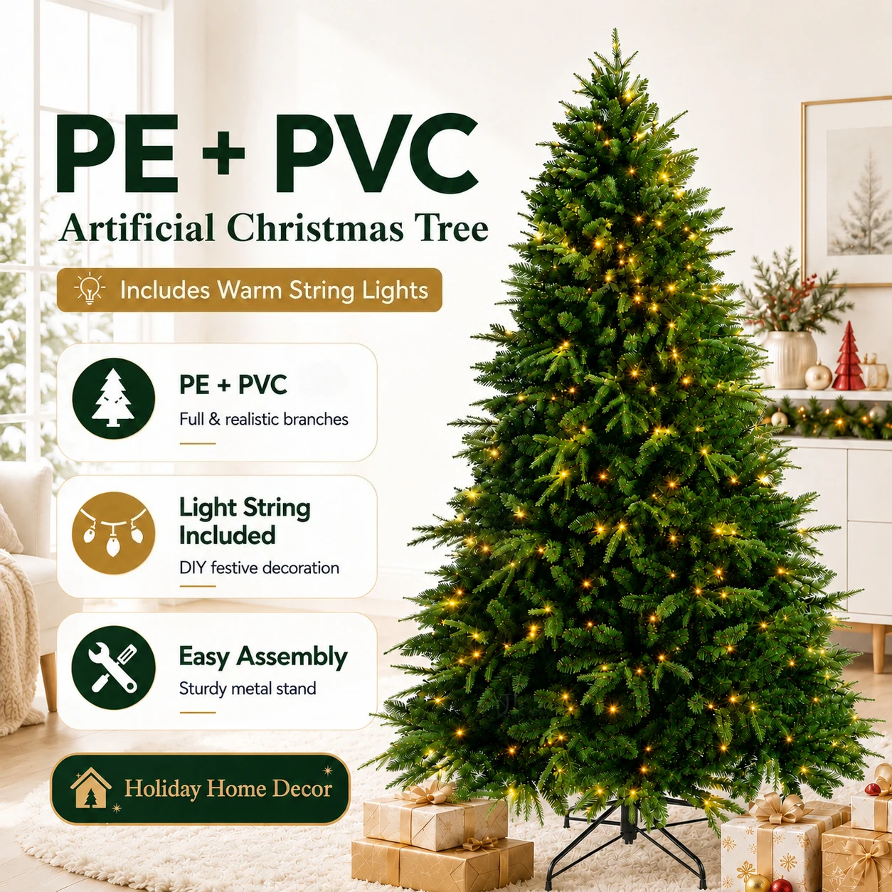 Grand sapin de Noël artificiel en PE + PVC, sapin de Noël épaissi de 120 cm à 180 cm, décoration pour la maison et le Nouvel An