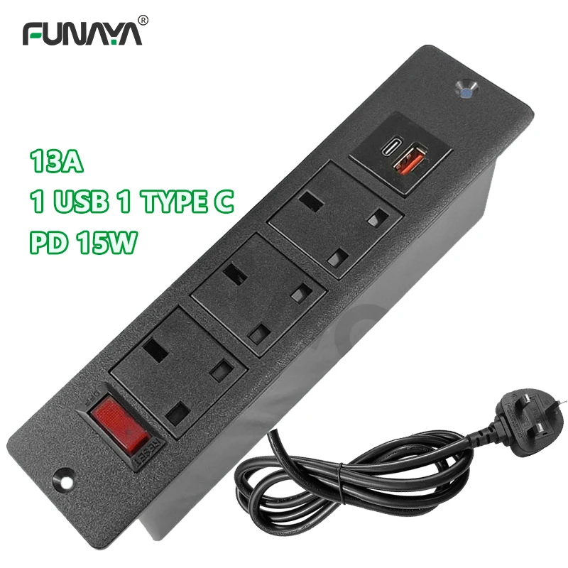 

UK Table Enbeded Hidden Socket 3 Outlets with switch 1 USB 1 Type c 15W 5V 2A Port AC110 220V Furniture Electric Power Sockets