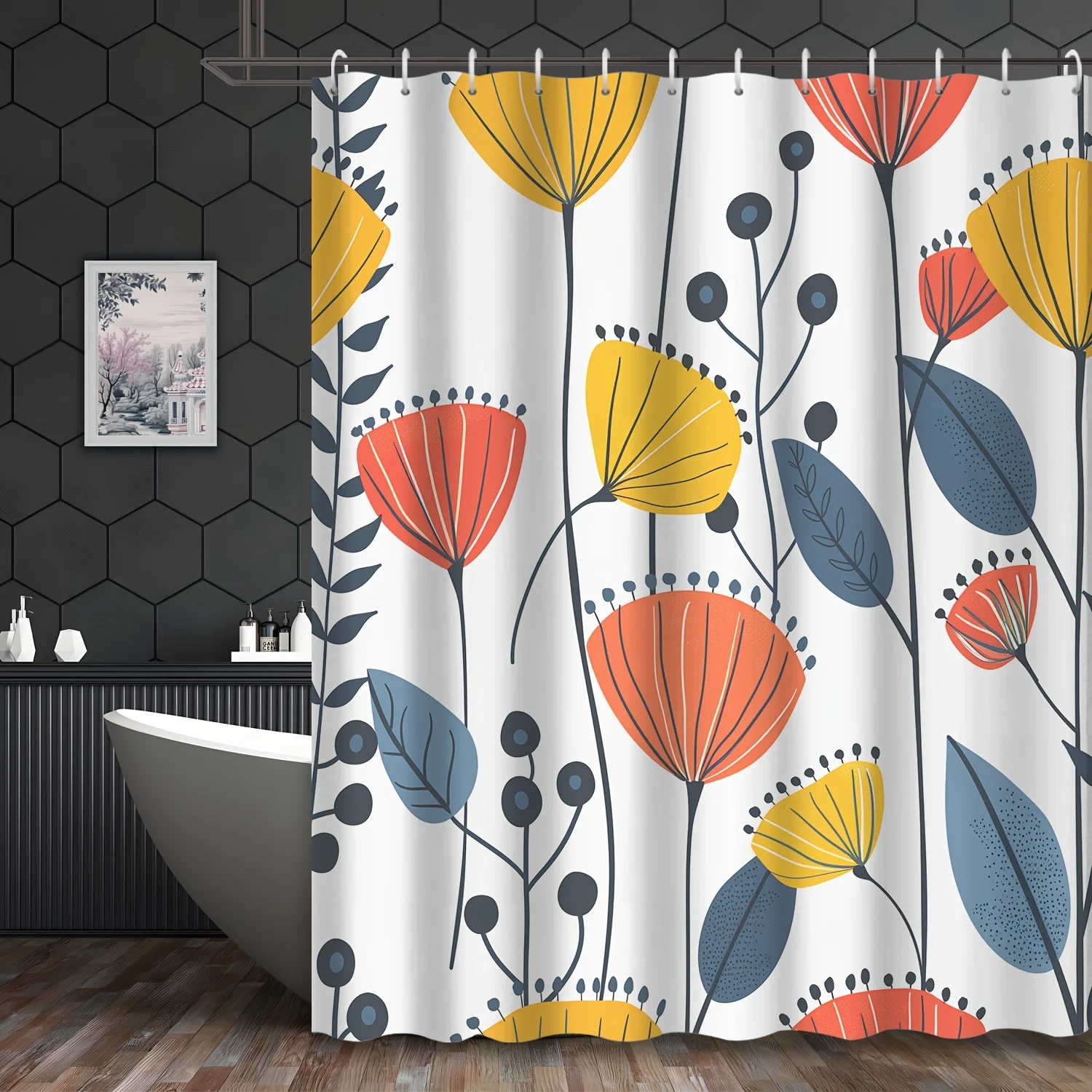 Modern Abstract Shower Curtain - Colorful Poppy Flower & Leaf Pattern Geometric Botanical Print Waterproof Fabric Bathroom Decor