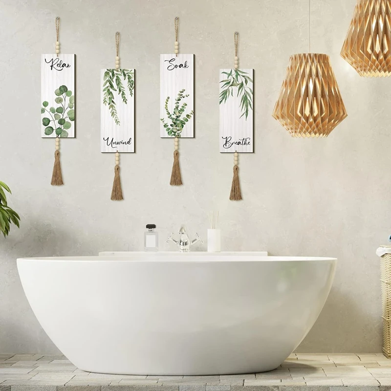 4 Pieces Boho Wall Decor For Bathroom 12 X 5 Inch Relax Soak Unwind Breathe Bathroom Signl Farmhouse Hanging Wall Art-FS-PHFU