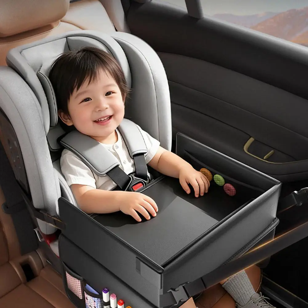Kindersitz-Ablage Wasserdichter Reise-Spieltisch für Kindersicherheitssitz mit Cartoon-Motiven und mehreren Taschen für die Rücksitzaktivitäten – Detail 12