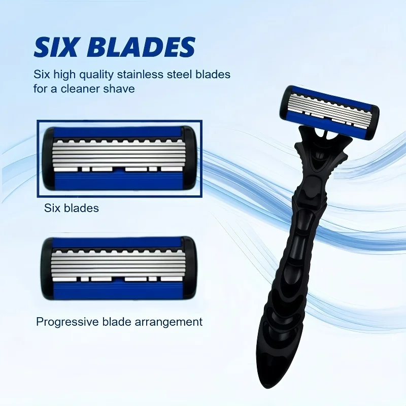 Men 6Manual Multi-Layer Razor with Durable Stainless Steel Blades, Portable Shaving Tool (1 Handle + 3/6/12 Six-Layer Blade)