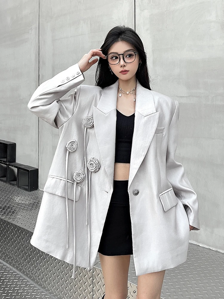 Luxury 3D floral tassel Blazer Women's Loose Single button Jacket Light grey Casual 2025 Spring Autumn Coat Elegant INKEO 5O046