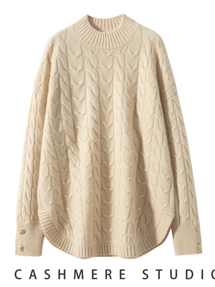 MEETCC 럭셔리 여성 100% 캐시미어 풀오버 목 넥 케이블 스티치 아크 스웨터 가을 겨울 두꺼운 캐주얼 니트 품질상의