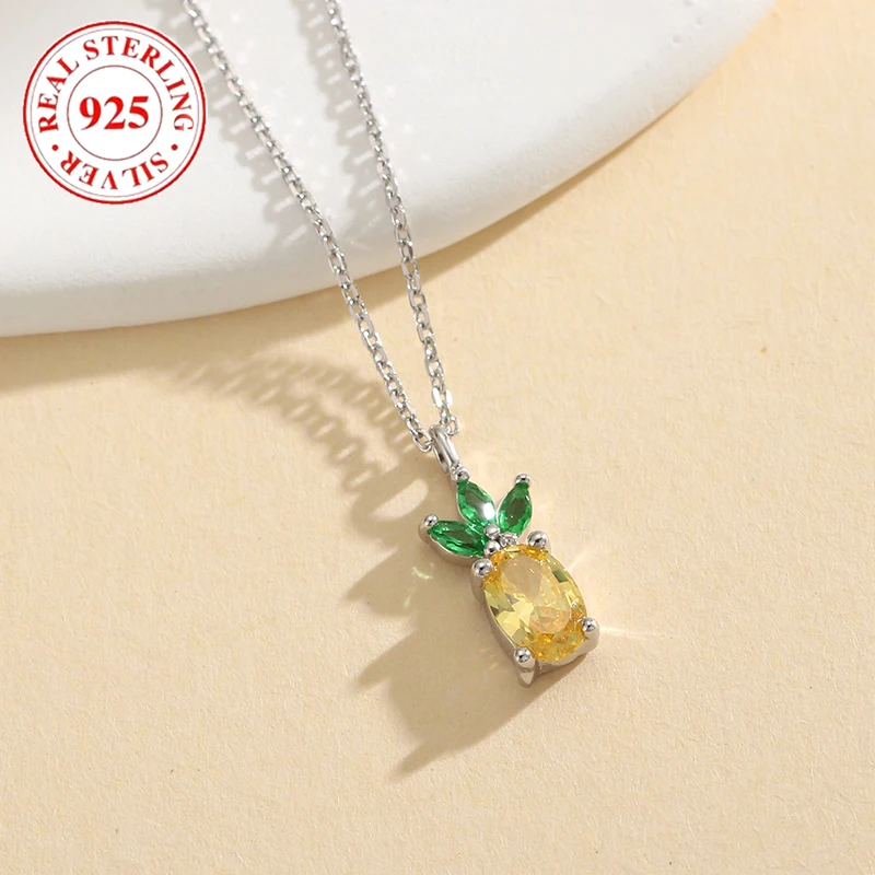 925 Sterling Silver Fruit Series Colorful Zirconia Pineapple Pendant Women's Necklace Hypoallergenic Fashion Women's Jewelry