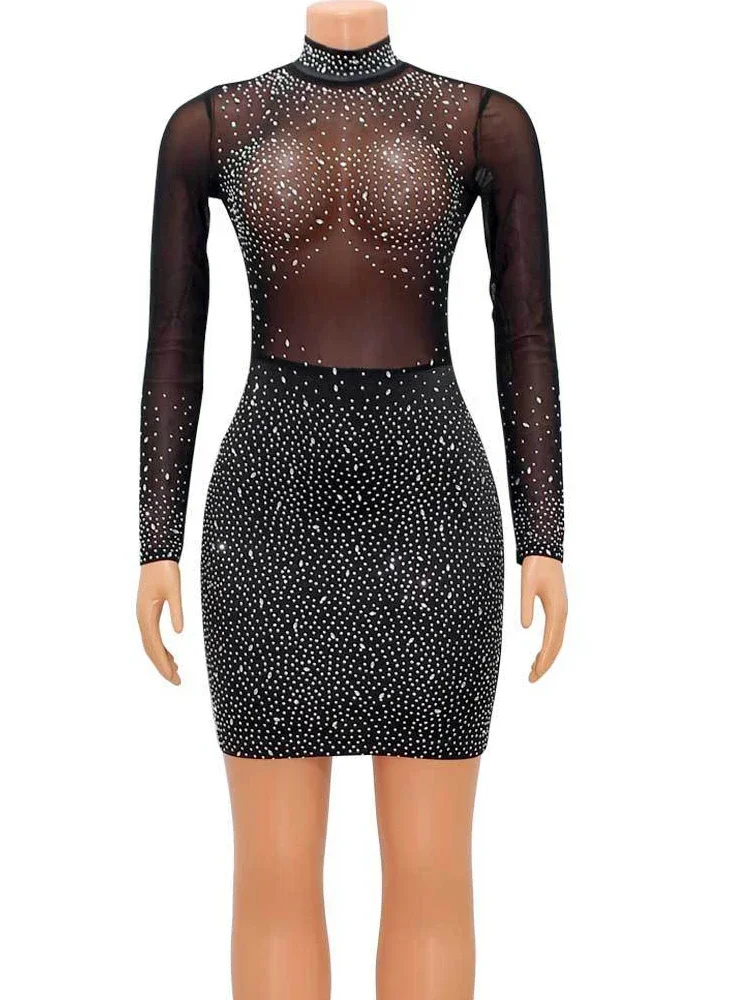 New Elegant Women Long Sleeve Bodycon Dress Sexy Mesh Crystal Patchwork Sheer Mini Dress Night Clubwear Outfits