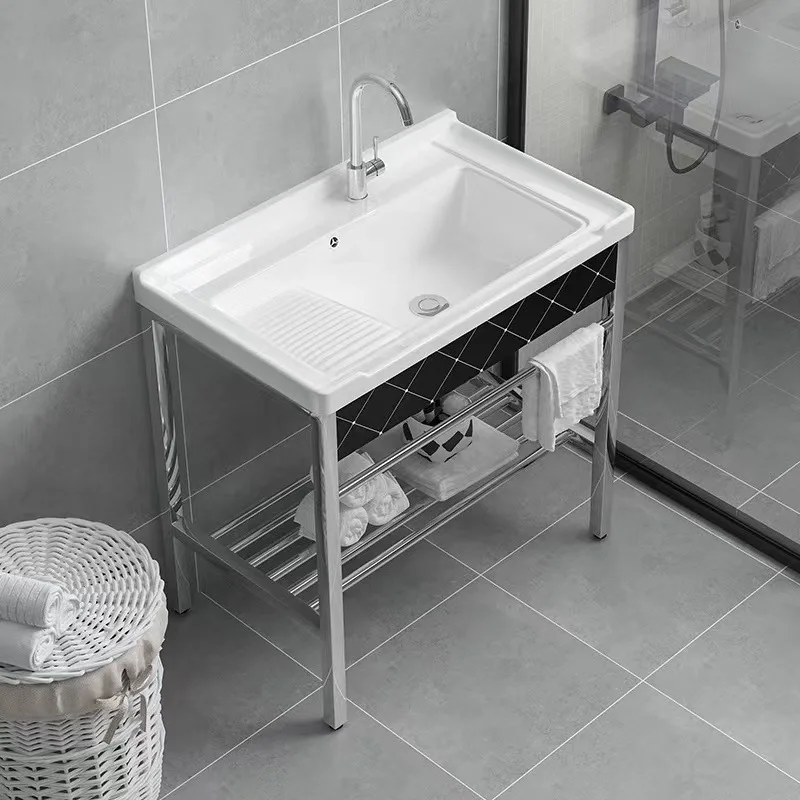 High Temp Ceramic Laundry Sink with Scrubbing Board, Integrated Basin for Balcony, Bathroom, Countertop Hand Wash Sink