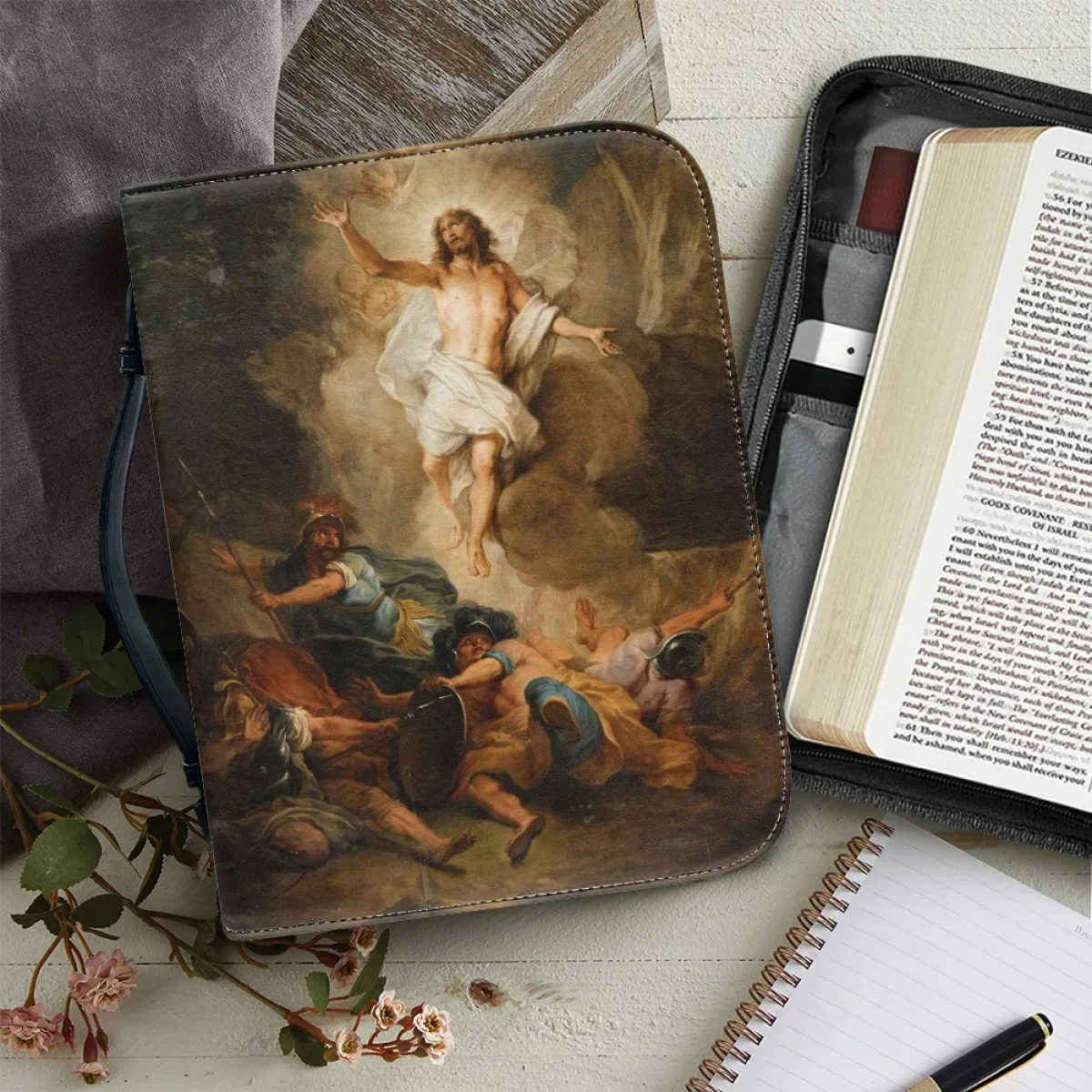 

Jesus Graphic Print Bible Bag for Women Bible Storage Bags PU Leather Handbags Zippered Handle Christianity Bible Carrying Case