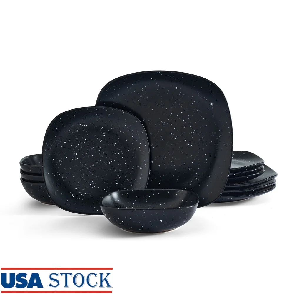 

12-Piece Stoneware Square Dinnerware Set Service 4 Dishwasher Microwave Safe Contemporary Black Speckle Finish Durable Everyday