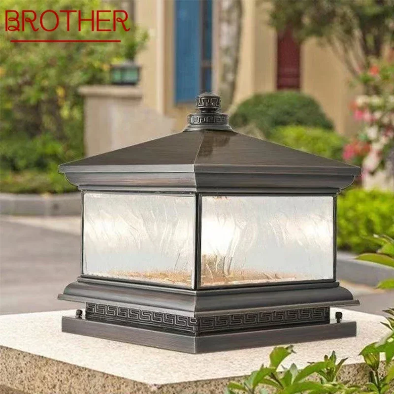 

BROTHER Outdoor Electricity Post Lamp Vintage Creative Chinese Brass Pillar Light LED Waterproof IP65 for Home Villa Courtyard