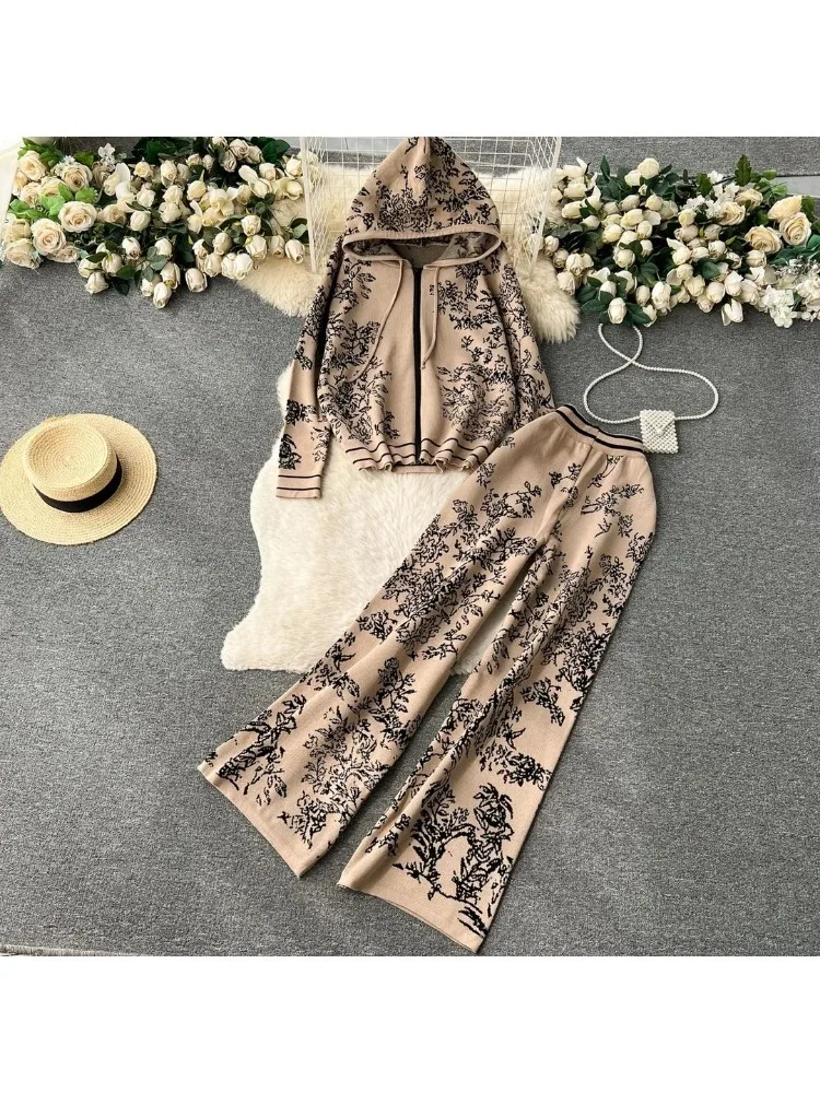 Vintage Print Knit 2 Piece Sets Women Casual Knitwear Hooded Zipper Sweatshirts Coats Conjunto High Waist Wide Leg Pants Suits