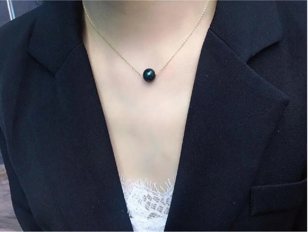 AAAA++++ 9-10mm Minimally designed pure silver single strong natural seawater TAHITIAN BLACK GREEN  pearl necklace gift box