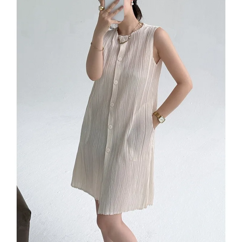 

Miyake 2026 Summer New Women's Dresses Pleated Sleeveless Casual Cardigan Elegant Lightweight Stretch Vest Knee-Length Dress