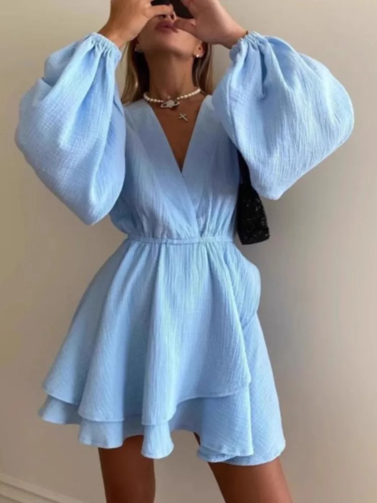 

2025 Autumn Vestidos Elegant Commuting Sweet Solid Color Dresses Mini Long Dress V-neck Vacation Ruffles Simple Style Vestido