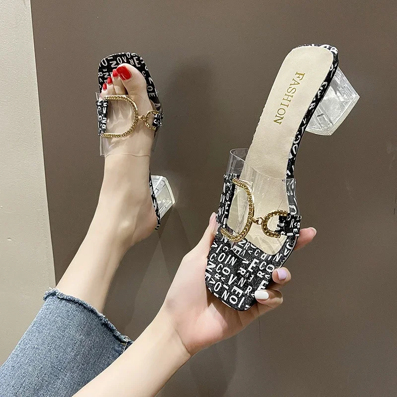 Crystal Transparent Slippers Female Shoes Middle Heels Comfortable New Summer Women Shoes Woman Fashion Cool Letters Slippers