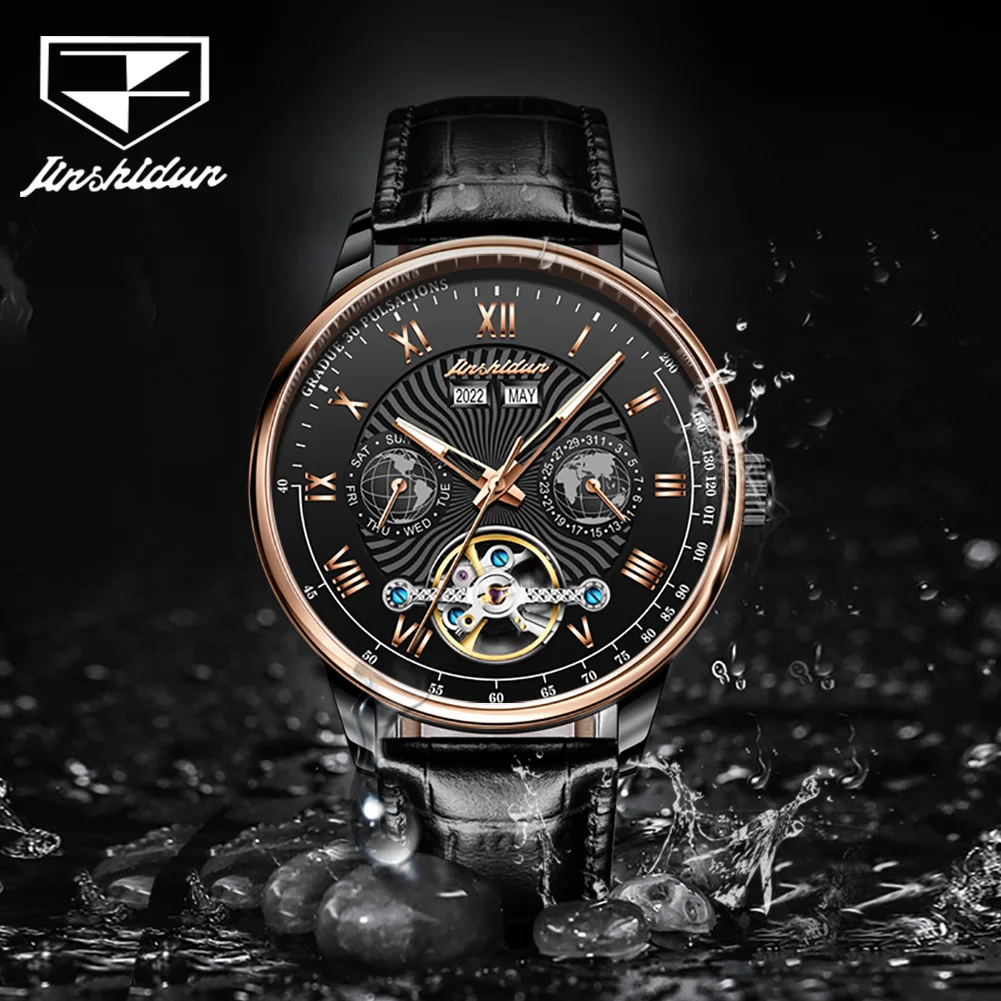 ساعة JSDUN 8919 للرجال بحزام جلدي ساعة ميكانيكية أصلية متعددة الوظائف للأعمال ﻿   ساعات مقاومة للماء لهدايا الرجل